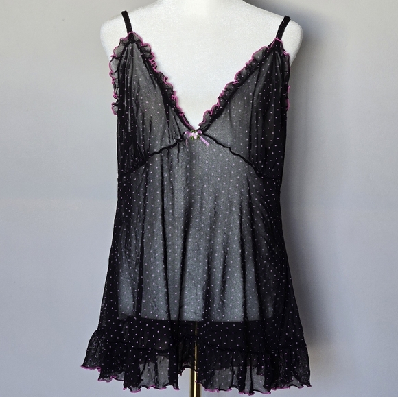Y2K 90s Vintage Rampage Babydoll Sheer Mesh Polka-Dot Black Lace Cami Top - Picture 1 of 12